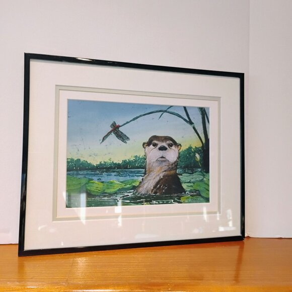 Beth Erlund Johnson Otter Art Print Signed Numbered Pond Scene w/Dragonfly - Picture 6 of 13